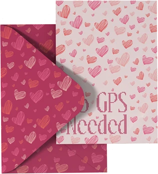 No GPS Needed card with pink heart pattern and envelope