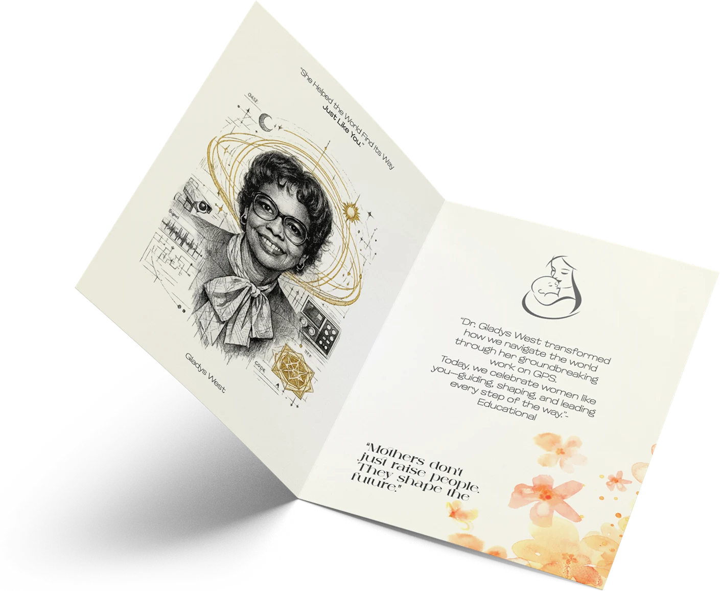 Collective Cards Happy Mother’s Day card opened, with Dr. Gladys West’s portrait and the inside message about her work on GPS