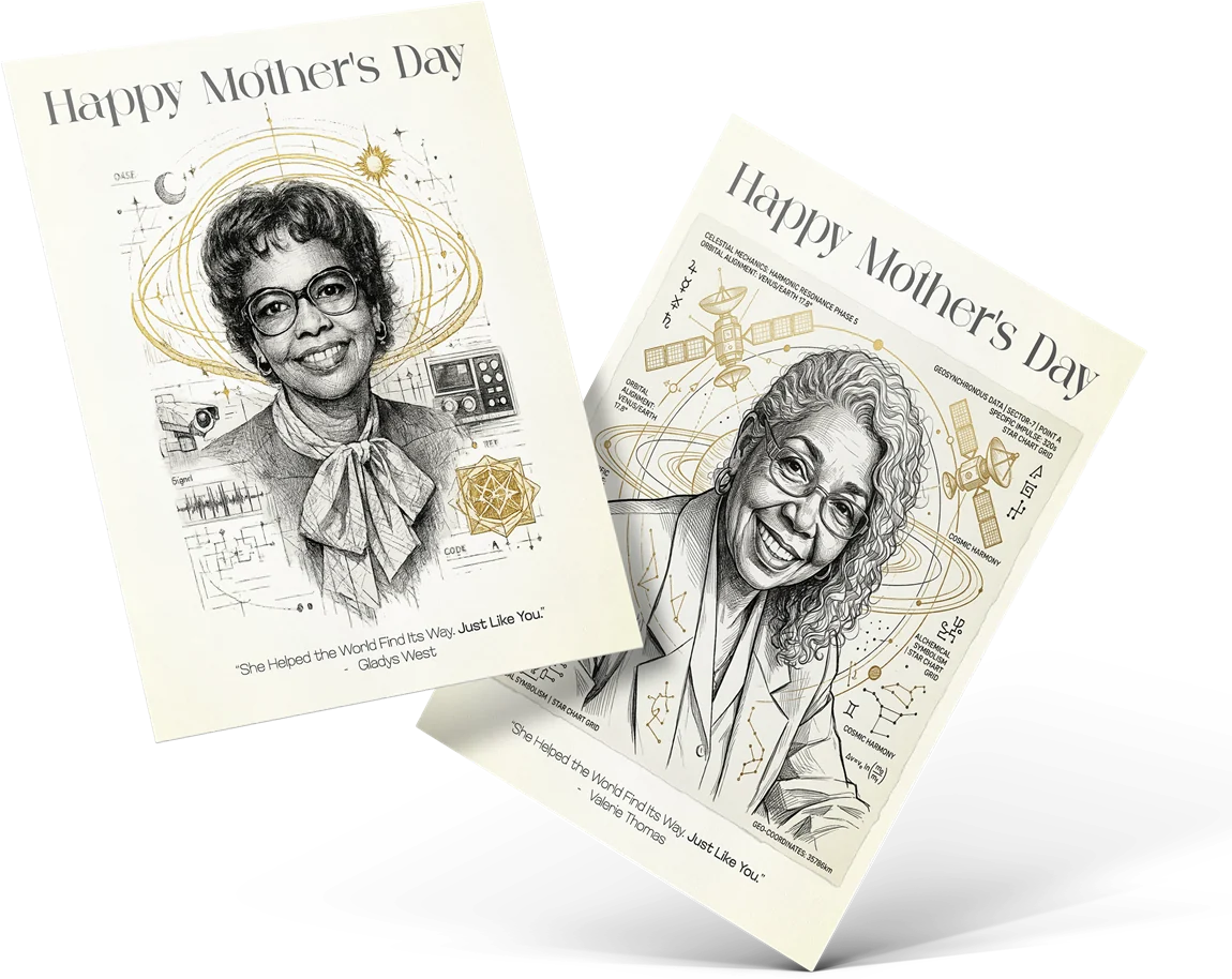 Two Happy Mother’s Day cards featuring illustrated portraits of Gladys West and Valerie Thomas